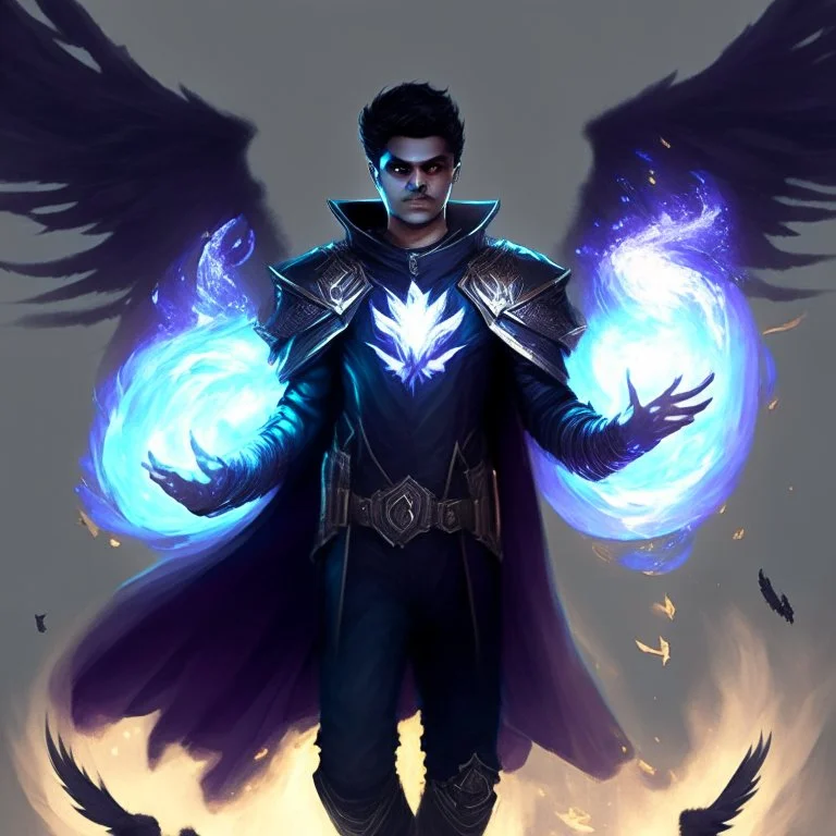 A 25 years boy persian in matte black robes with flaming eyes with grin with flaming light blue pupils stands atop a squire Two infinity gauntlets contain six infinity stones, one of which is made with nano In the hands of a powerful man walking While standing on a majestic height from afar With two big wings