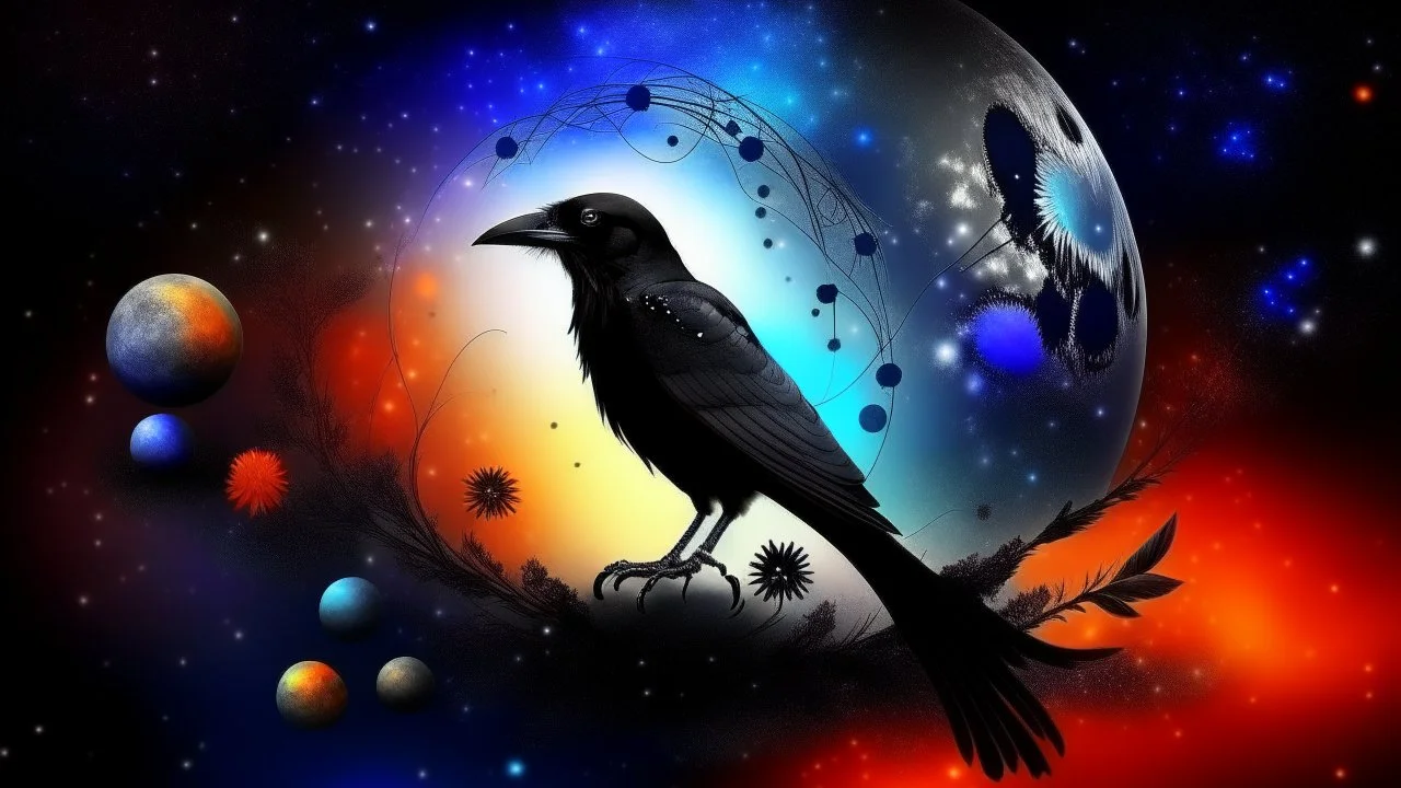 Crow in a space an the background of planets, souls, tree of life