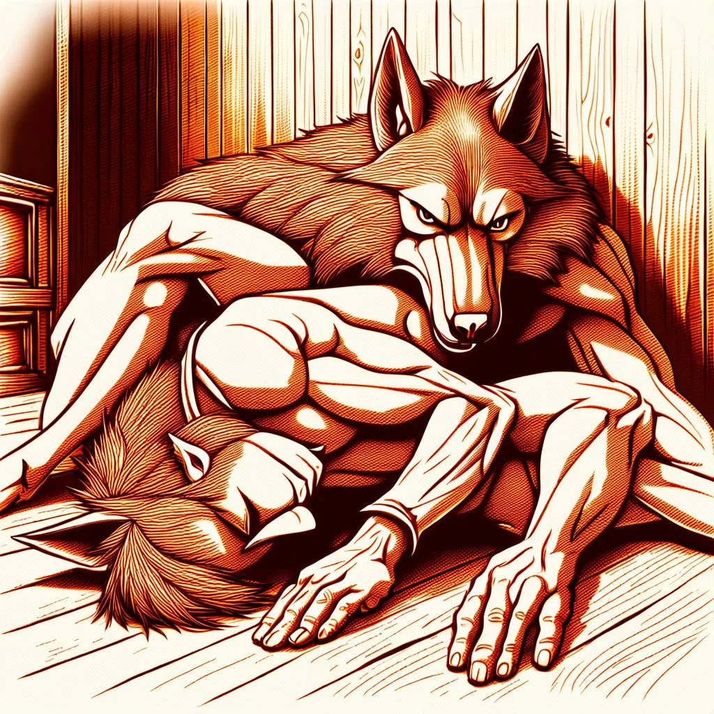 an anthropomorphic wolf in brown bodyhair lying on stomach and an younger anthropomorphic wolf massage his back. The background rustic wooden room features wooden walls with a few pinned papers . relaxed mood, realistic, detailed, cinematic, dark fantasy style
