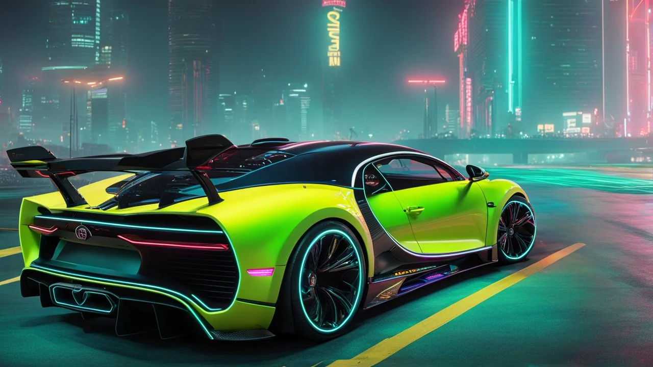 Bugatti Super Chiron Cyberpunk 2077 neon Style, Super Detailed, desktop wallpaper, 4K rear view, center
