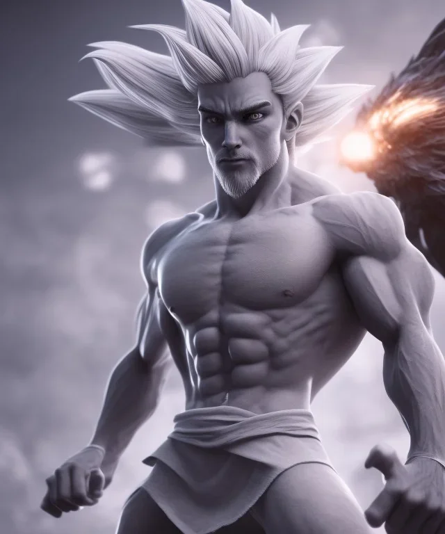 Goku, avatar, white hair, fighting pose, muscular body, shirtless, volumetric details, hyper realism, unreal engine 5