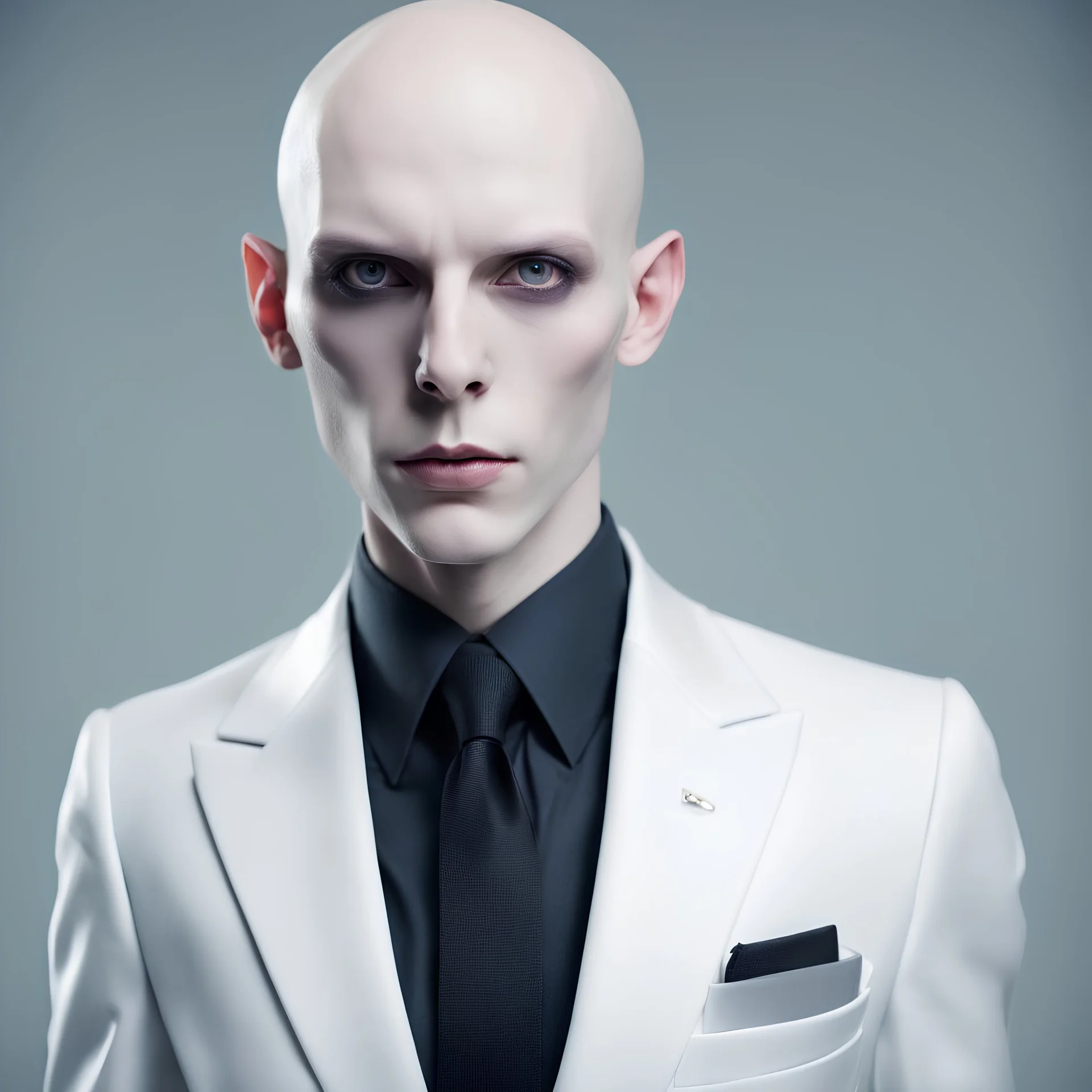 a close up of a person wearing a suit and tie, inspired by James Bolivar Manson, tumblr, neo-dada, BALD as an android, white scary skin, symmetrical face and full body, sanja stikovic, hitman, hairless, human-animal hybrid, high quality costume, horror photography, yelena belova, with slender, white body MALE