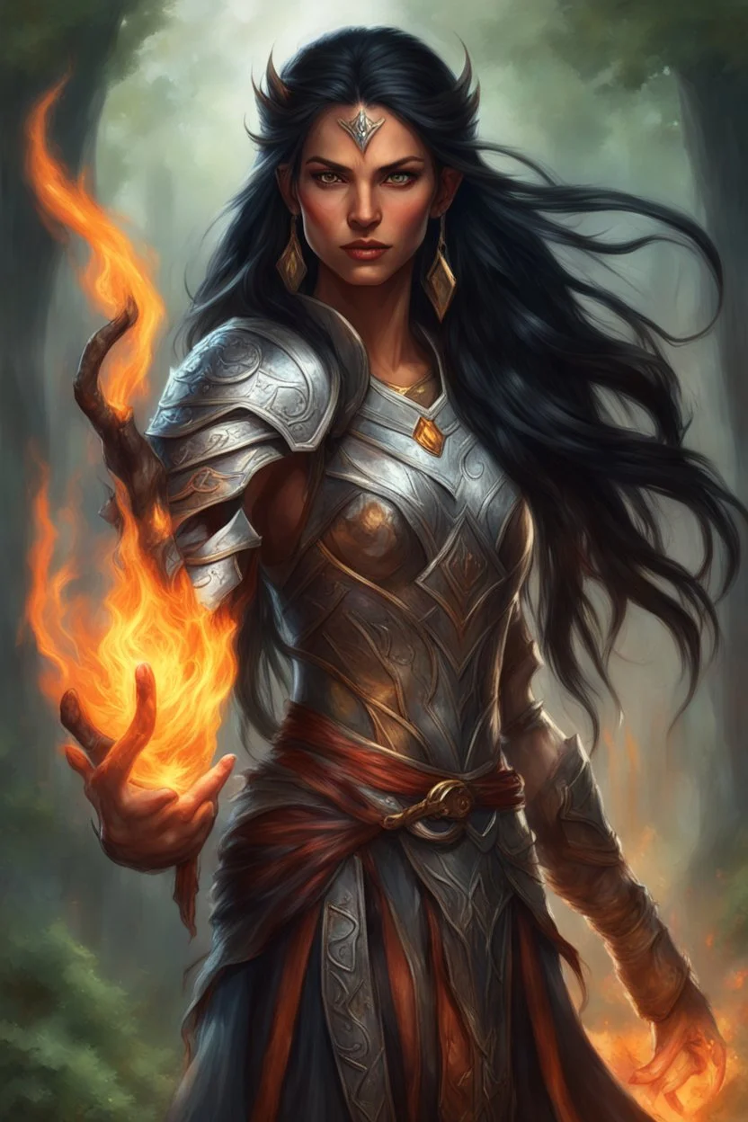 Visualize a powerful eladrin druid with striking black hair. Her eyes glow like intense fire as she effortlessly conjures flames with her hands. Long hair, half braided and cascading, appears ablaze, emitting fire. Clad in light armor, she relies on magic and fire, bearing a significant scar on her face. Tanned skin complements her commanding presence, while a fiery crown-like adornment graces her black hai