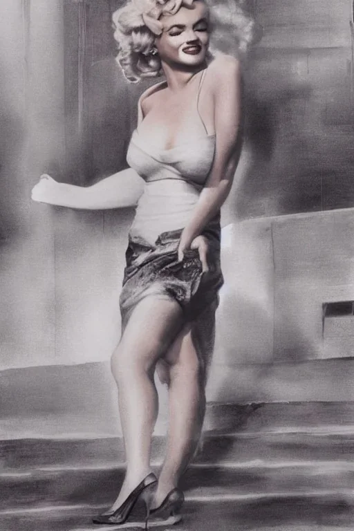 Painting, photorealistic, Marilyn Monroe, standing over a street grating, skirt blowing up