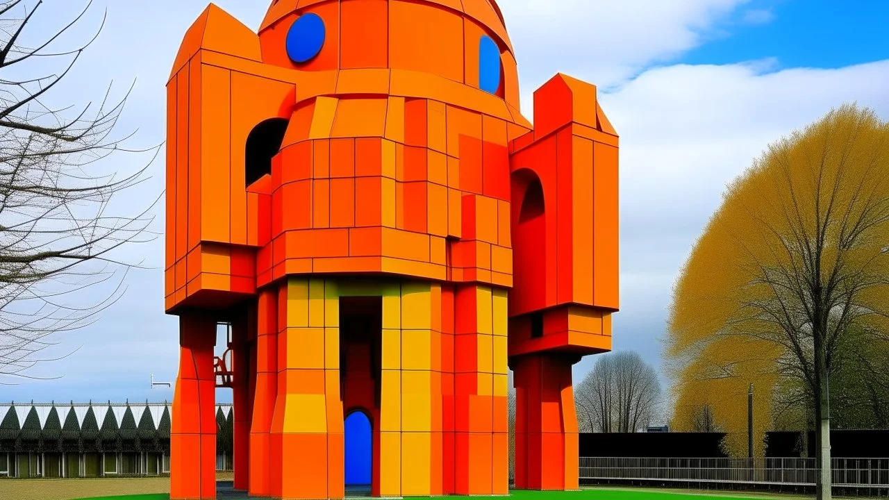 A giant orange mechanical evil looking church painted by Piet Mondrian