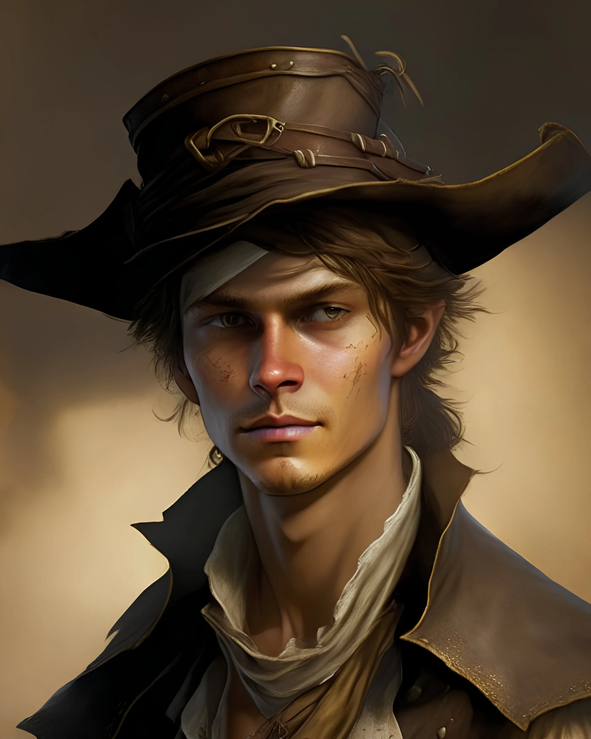 pirat with very short light brown hair and light scars, pirate hat