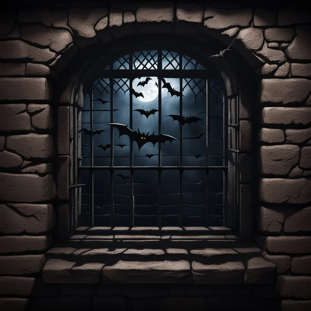 Hyper Realistic grill window of dark dungeon with bats flying & cobwebs on dark rustic walls at night