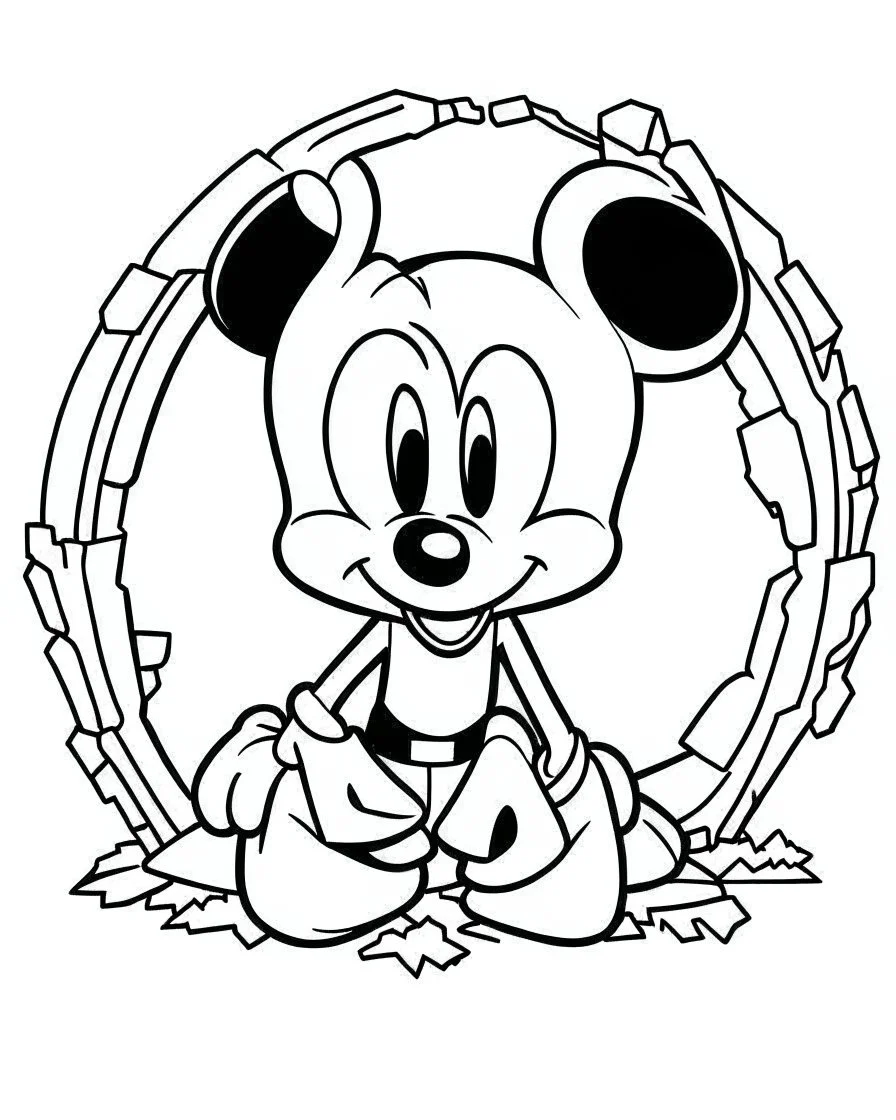 outline art for Mickey Mouse Peering Through Hole coloring page, Japanese manga style, cartoon style, cute face, white background sketch style, full body is a must, only use outline, clean line art, no shadow, bold outline