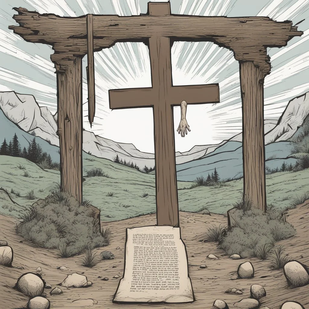 one dirt grave, wood cross, comic book, illustration,