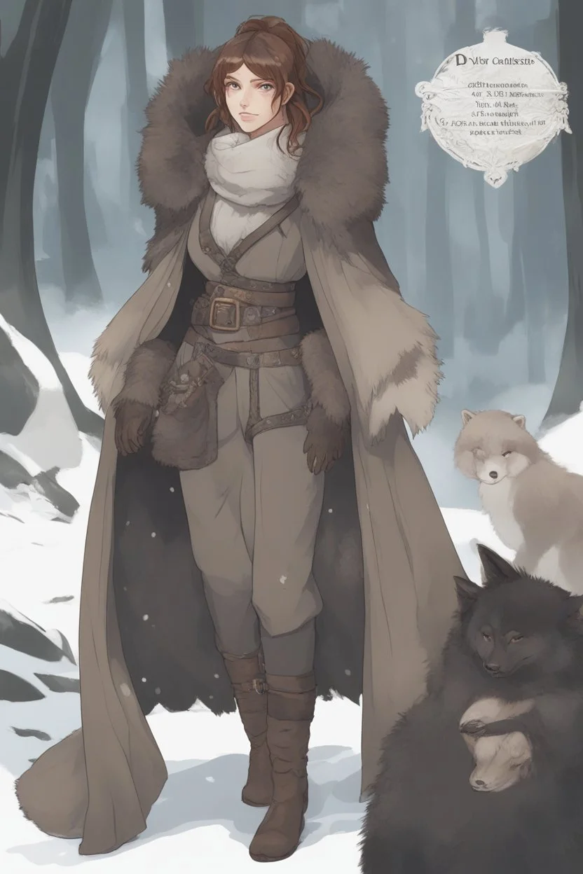 A dnd character sheet. A woman dressed for the cold north dressed in dark furs, with brown hair