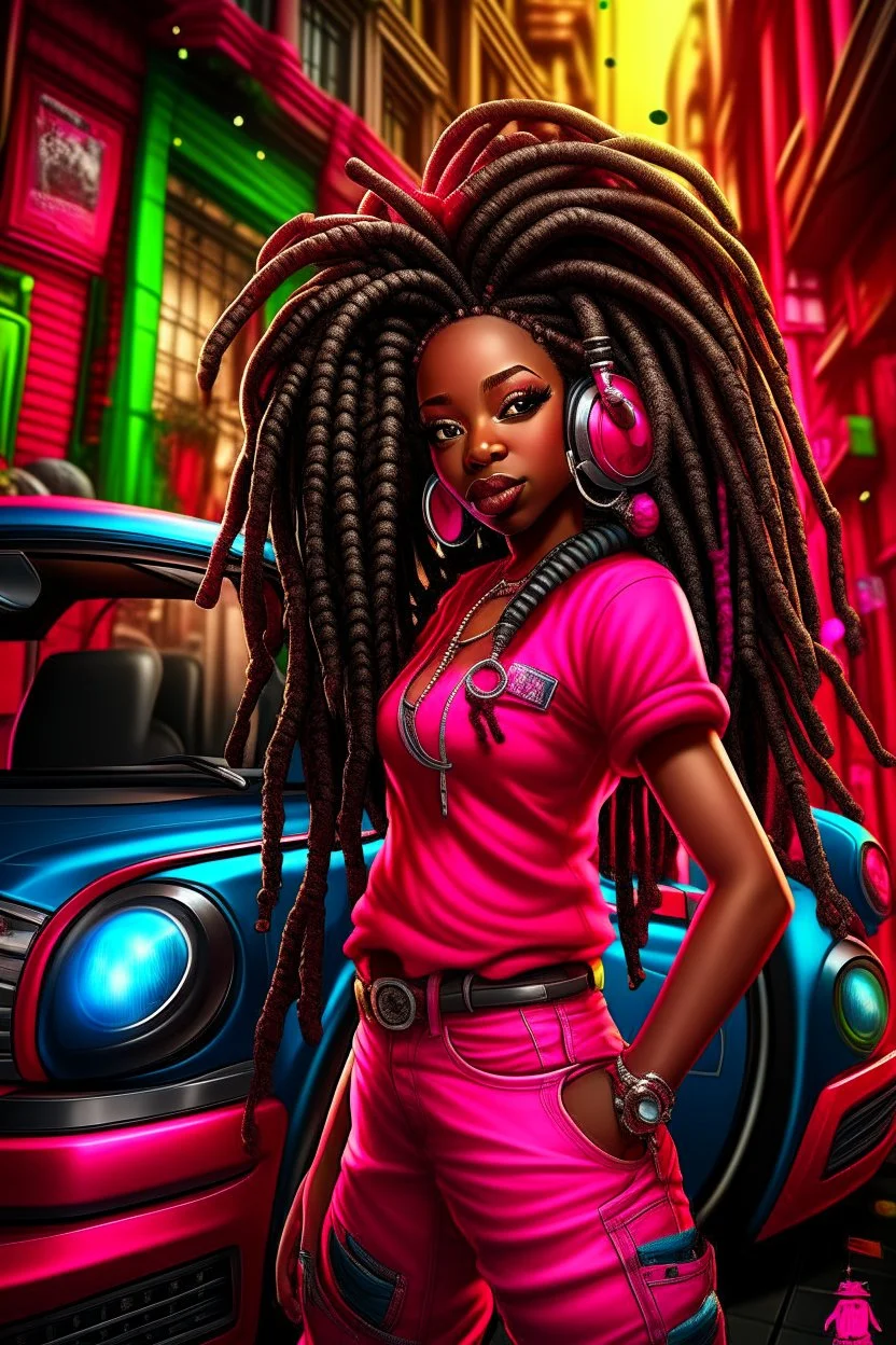 Create a digital airbrush cartoon of a curvy African American female wearing a hot pink jean outfit with timberland boots. Prominent make up with hazel eyes. She is wearing large diamond hoop earrings. Extremely highly detailed very long dread locs hair that shines. Background of a night club.