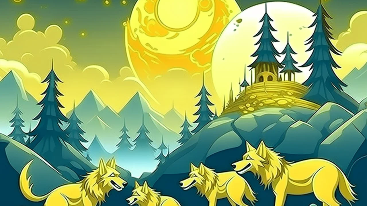fantasy cartoon style illustration: pack of wolves is guarding golden coins near Misty Ridge
