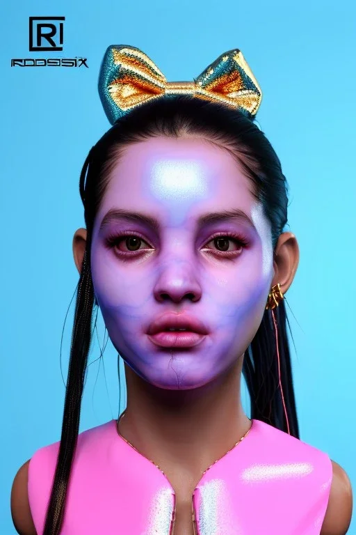 Ultra Realistic image, Rosalía artist, portrait, normal complexion, portrait, two bows with chopsticks hair , black eye long line, sweet face, t-shirt with holes, inflatable open coat, gold pink and blue style, spray glow make up, big geometric led jewelry, fog, hot, inflatable style latex coat, vibrant color, highly detailed, art stations, concept art, smooth, unreal engine 5, god rays, ray tracing, RTX, lumen lighting, ultra detail, volumetric lighting, 3d, finely drawn, high definitio