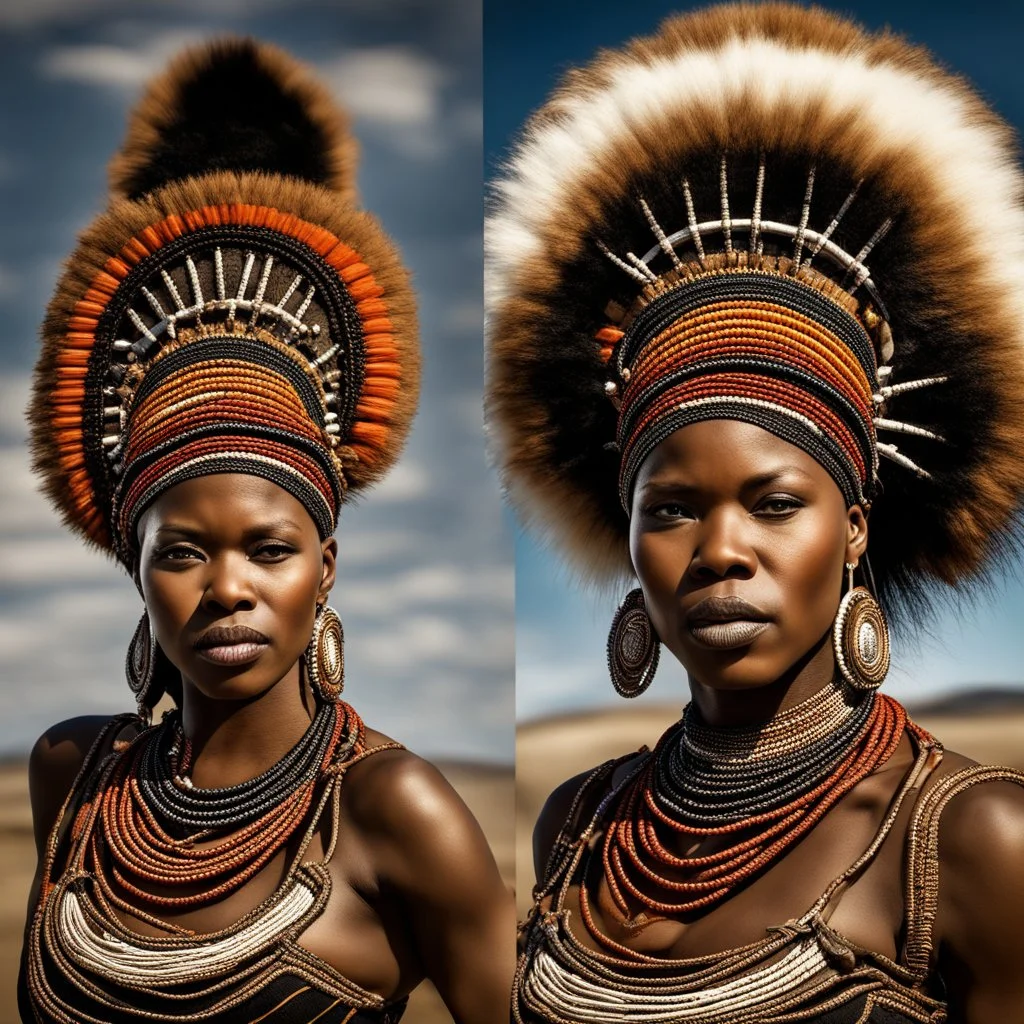 Behold the powerful alluring and pretty zulu woman, her body adorned with the traditional zulu costumes, HDR, beautifully shot, hyperrealistic, sharp focus, 64 megapixels, perfect composition, high contrast, cinematic, atmospheric, moody