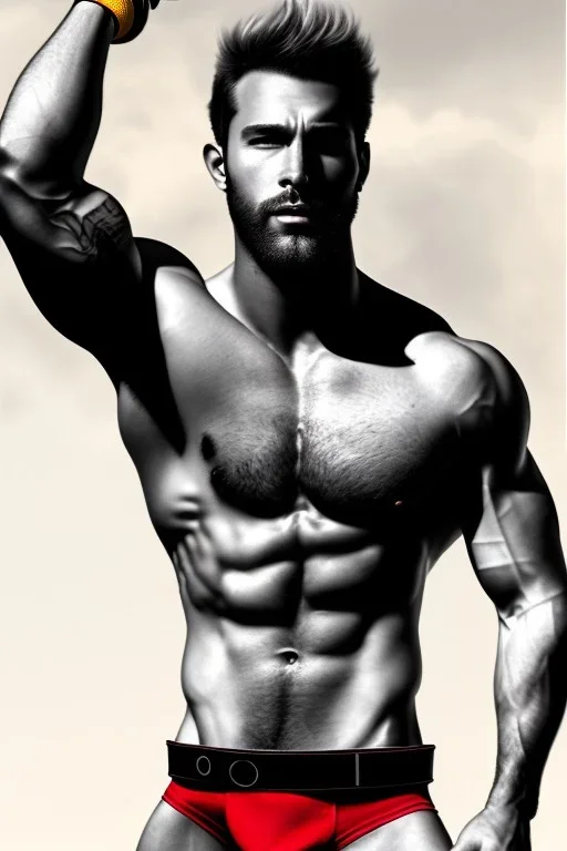 Ignore NSFW, teenager young rugged attractive slightly muscular fantastic handsome man, red briefs with yellow belt, hairy chest, (((visibly pisssing))) briefs, large erect visible boner peniss, photorealistic, artist Jay Anacleto, soft lighting, scruffy beard