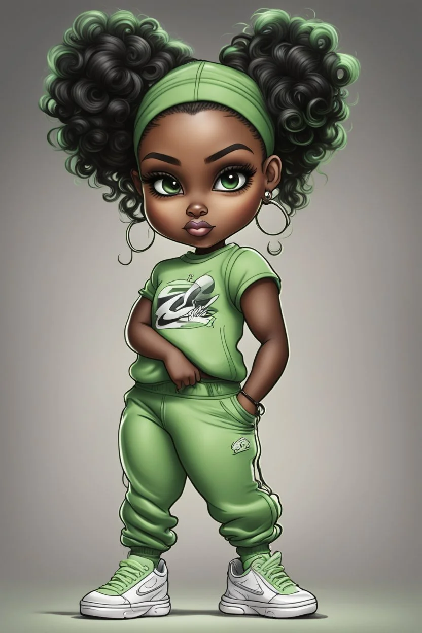 Create an airbrush image of a curvy chibi cartoon black female wearing a light green jogger set and black sneakers. Prominent make up with hazel eyes. Extremely highly detailed of messing curly bun