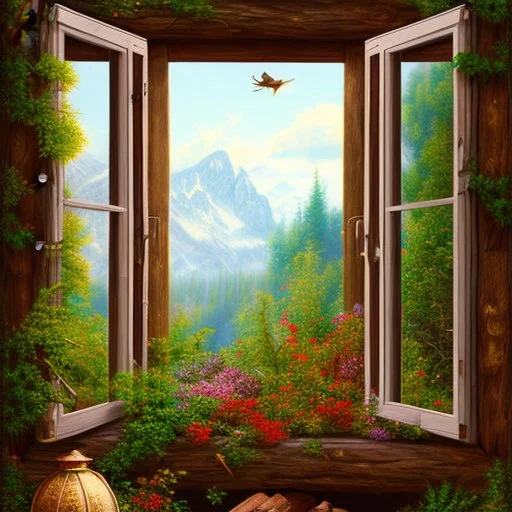 Old cozy wooden window Alpine style old colours drawings