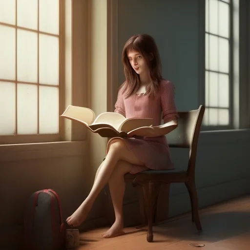 Study girl read a book in by the window, movie, real photo realistic, unreal engine, cinematic lighting --ar 1:1 creative