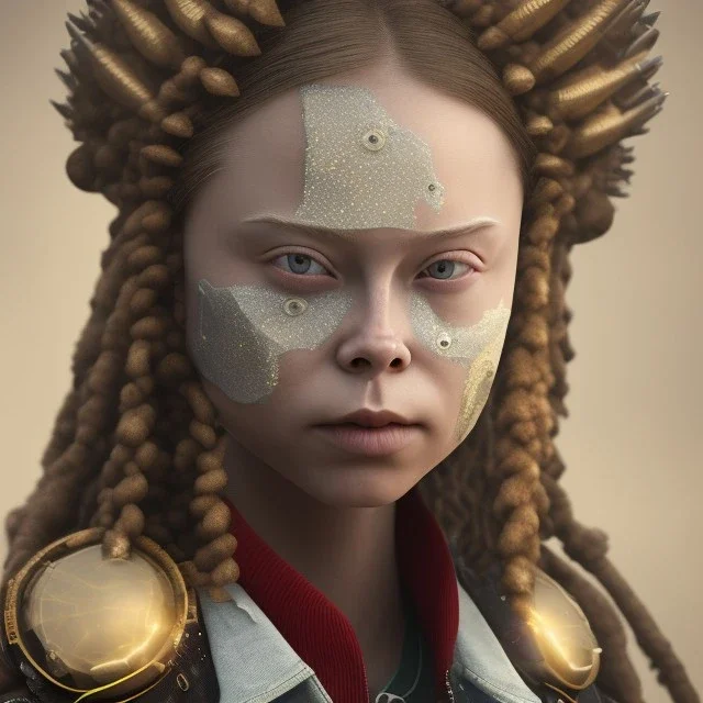  iron-ore mine Greta Thunberg Indigenous people in Swedenmedium shot portrait, a monstress, wearing a denim jacket, realistic face, soft, red spiked hairstyle, delicate, green square eyes, intricate gold details on face, cyberpunk, powerful, horror, sharp focus, octane render, post-processing, epic composition, elegant, studio lighting, fiona staples, mandy jurgens, david finch, guillermo del toro