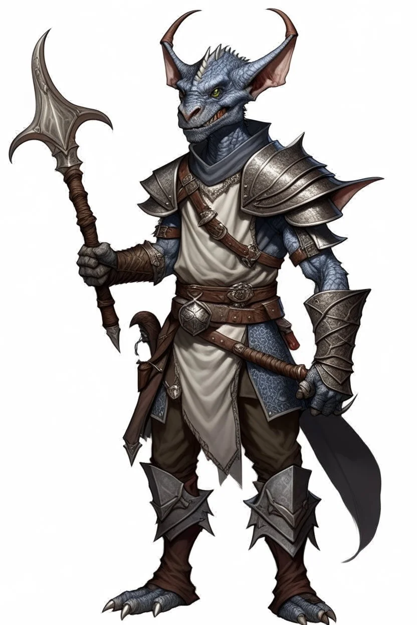 Kobold from dnd, dragon horns, grey diamond - shaped scales, magic book on the belt, leather armor