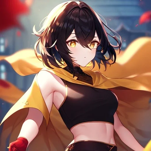 Clear focus,High resolution, Black short fluffy hair, and yellow eyes, wearing a black short skirt, sleeveless crop top, wearing long dark red gloves, yellow cloak