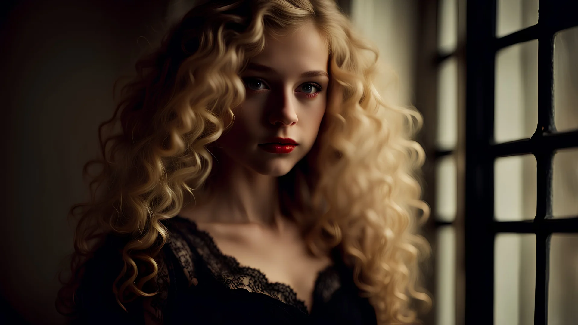 High resolution sharp focus Closeup of a beautiful 17 year old caucasian girl with long curly blonde hair. She is wearing a black lace dress with red ribbons. She is in a candlelit bedroom near a window. She is gazing at the viewer.