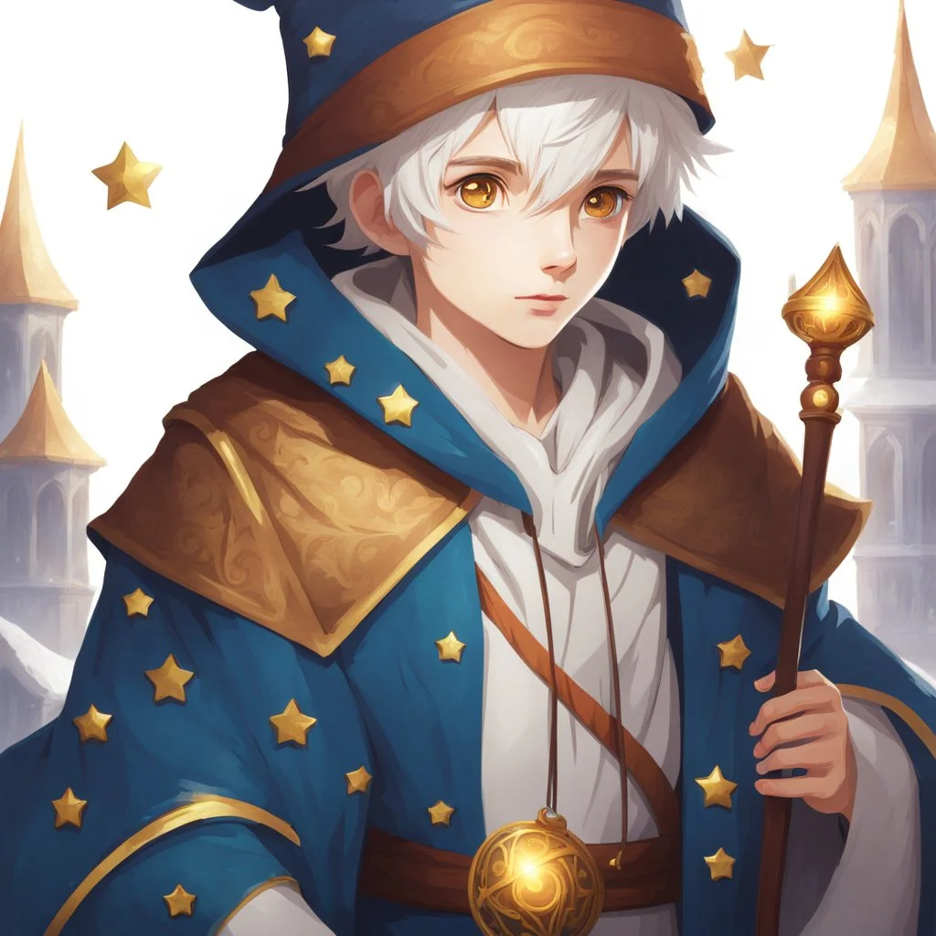 4K, Fantasy World, A boy only wearing a closed wizards robe, and wearing a wizards hat. White Hair. Golden Eyes with no pupils.