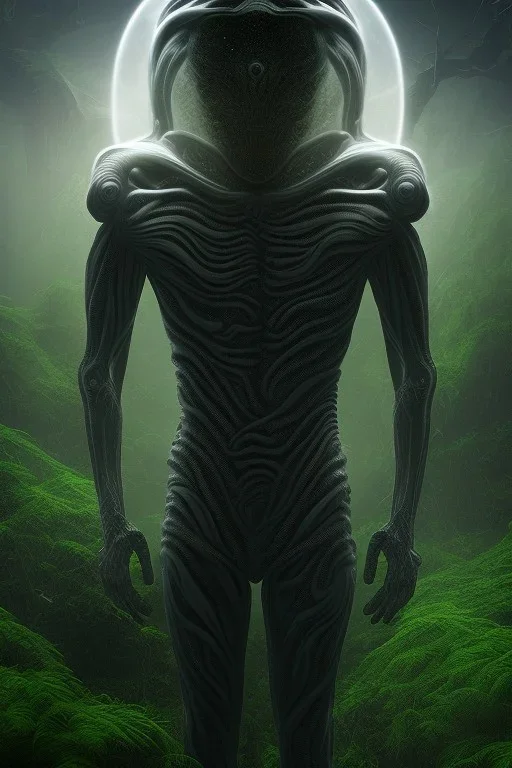 running alien portrait , black jogging suite , in the night Alps , holding leaves and coins , angels background, volumetric light, high detail, dark leaf tree, dark mountains in background, perfect, HR Giger style