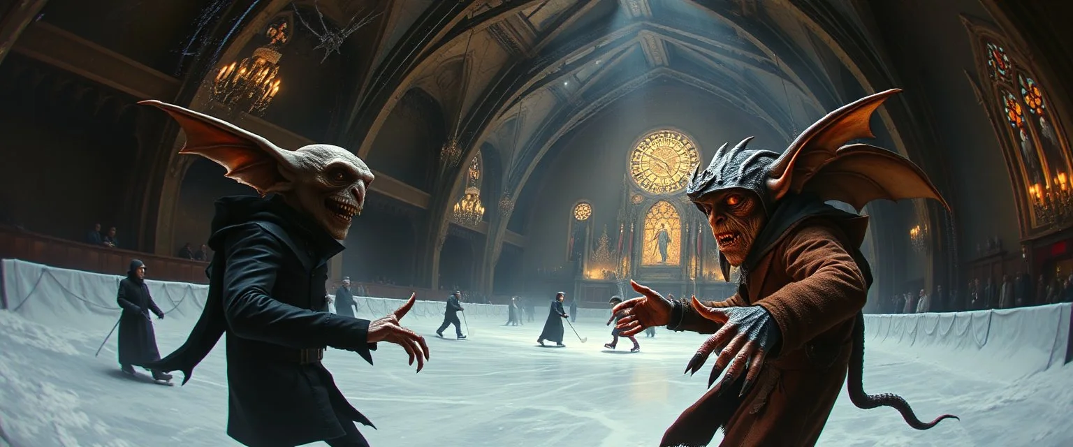 pin hole cam, master oil painting by Rembrandt, d&d vampire gremlin illithid and lich in ice skating hall or church