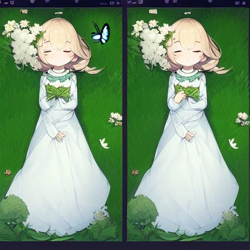 tiny anime girl sleeping in the distance, laying down in a field of flowers, underneath a willow tree, with a butterfly on her nose, hand detail looks human.zoom out. zoom out