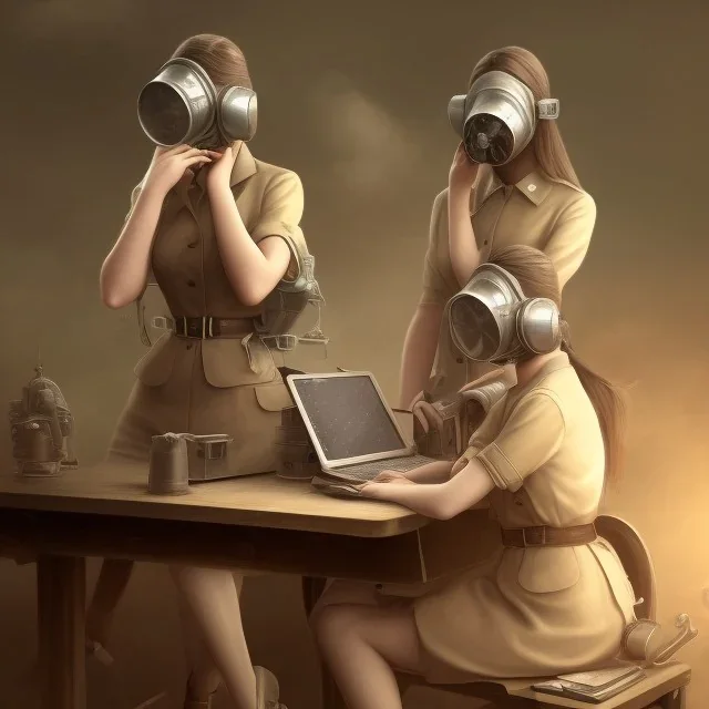 cute girls sitting at the computer in military gas masks. one of the girls is sticking out of the canale grande