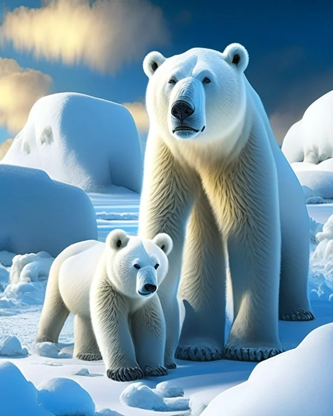 Oso polar con sus cachorros en la nieve cuerpo completo obra de arte callejero colores contrastantes nítido impactante hiperdetallado sombras 3D hiperrealista coherente clima soleado nubes iluminación cinematografica 8k