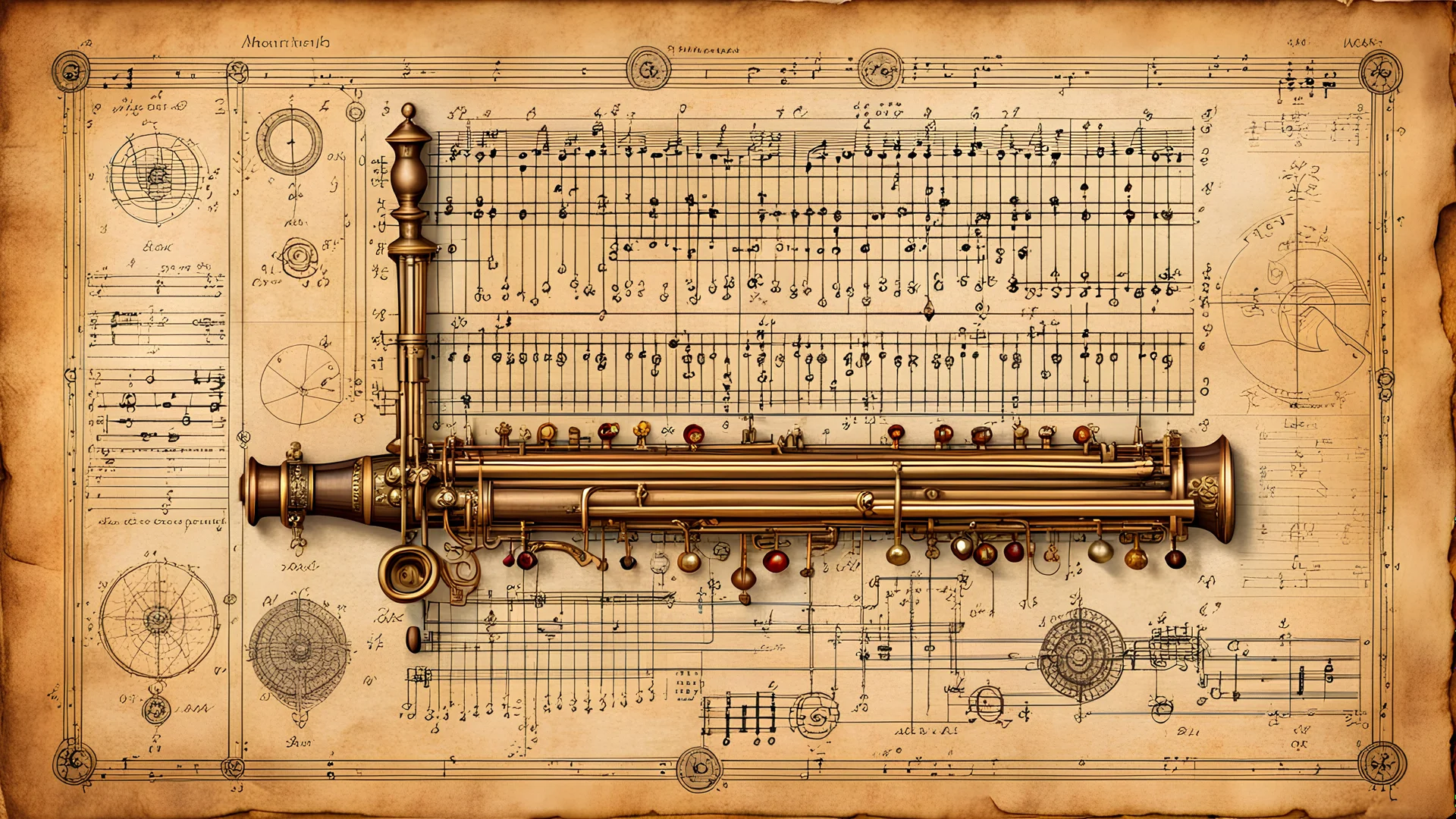 a ((detailed_Leonardo_da_Vinci_schematic_of_antique_((jeweled))_piccolo_instrument_drawn_on_jeweled_weathered_parchment_bold_lines_loose_lines)), music sheet schematic background, overhead view, deep rich colors, (shiny glass jewels), ultra quality, ultra-detailed, 16k resolution, trending on Artstation, gorgeous and elegant, unique