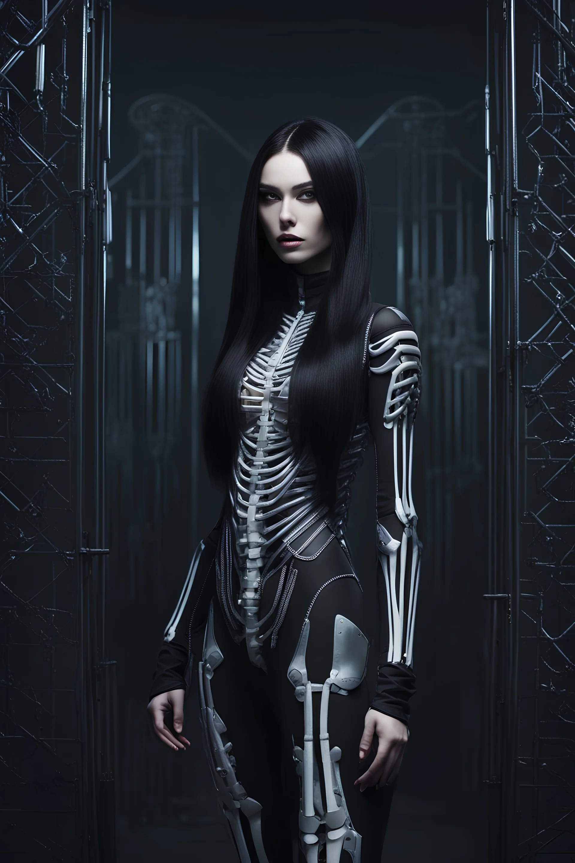 A realistic photograph of a gorgeous model with long black hair, is wearing a unique, futuristic skeletal bone outfit. The outfit is 3 dimensional and the lighting enhances the outfits depth. Background is eerie and misty. Full body shot