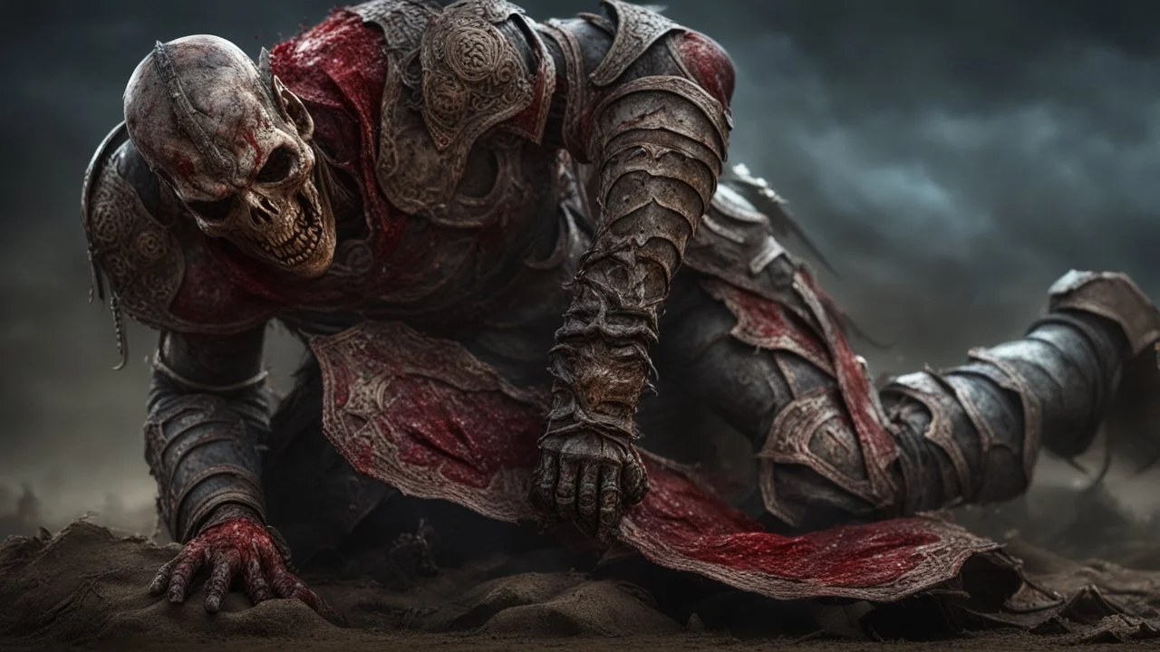 a rotting warrior. brutal carnage on a battle field. fantasy setting. armor fused to the skin. blood. broken armor. gloves. intense horror. blind terror. scared to death. a masterpiece, fantasy concept art, dynamic lighting, hyperdetailed, intricately detailed, deep color, Unreal Engine, volumetric lighting, Epic cinematic brilliant stunning intricate meticulously detailed dramatic atmospheric maximalist digital matte painting