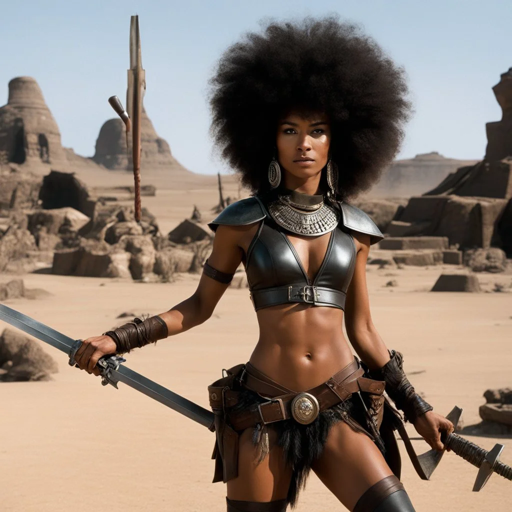 [high res photo of a movie by Ray Harryhausen] confident Esperanza Spalding in a revealing leather outfit As A Wasteland Warrior, she has incredible weapons