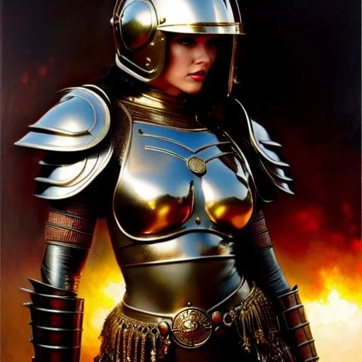 portrait ' Sexy Extra busty Power Girl naked ',ancient metal armor and Helmet ,painting by gaston bussiere, greg rutkowski, yoji shinkawa, yoshitaka amano, tsutomu nihei, donato giancola, tim hildebrandt, oil on canvas, cinematic composition, extreme detail,fit full head inside picture,16k