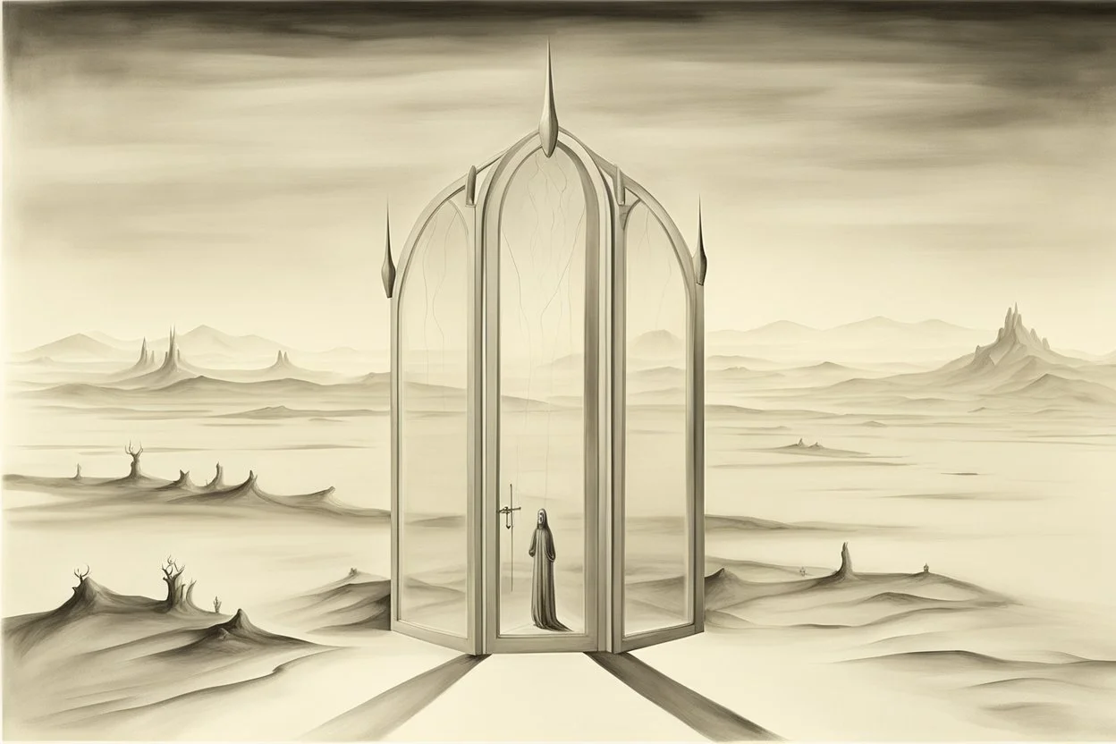 a surreal open glass gate in a glass wall with a view of a desolate landscape, fog, monochrome, strong contrasts, by artist "Leonora Carrington",by artist "Salvador Dali"