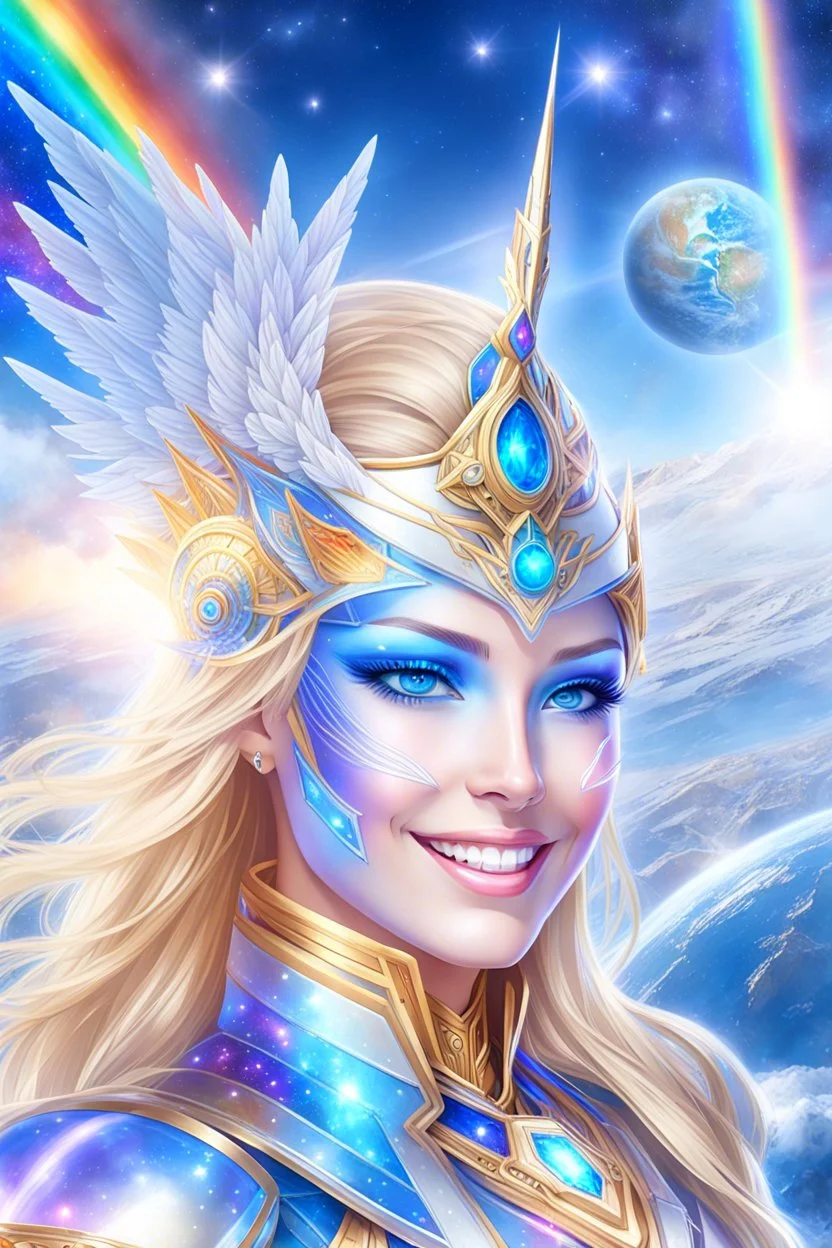 cosmic woman angels smile,admiral high commander from the future, one fine whole face, crystalline skin, expressive blue eyes,rainbow, smiling lips, very nice smile, costume rainbow pleiadian, Beautiful tall woman pleiadian Galactic commander, ship, perfect datailed golden galactic suit, high rank, long blond hair, hand whit five perfect detailed finger, amazing big blue eyes, smilling mouth, high drfinition lips, cosmic happiness, bright colors rainbow, blue, pink, gold, jewels, realist,8k