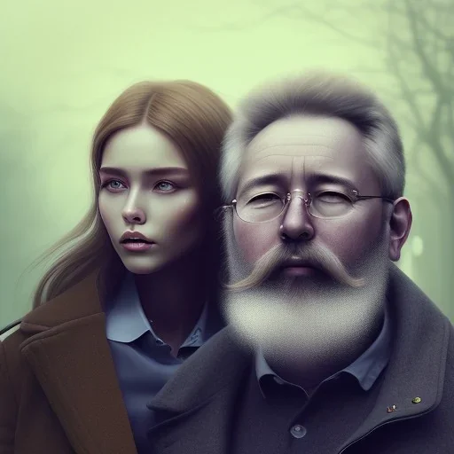 a young woman sitting next to a 50-year-old man with a beard and short hair, portrait, 8K, close-up face, anatomically perfect face, Highly detailed stunning full frame portrait, misty and cloudy atmosphere