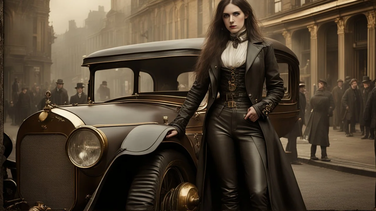 full-height portrait of a pale-faced steampunk woman with straight dark shoulder-length hair, with metal arms and legs, dressed in leather trousers, and a jacket, in a busy Victorian street next to a steam car