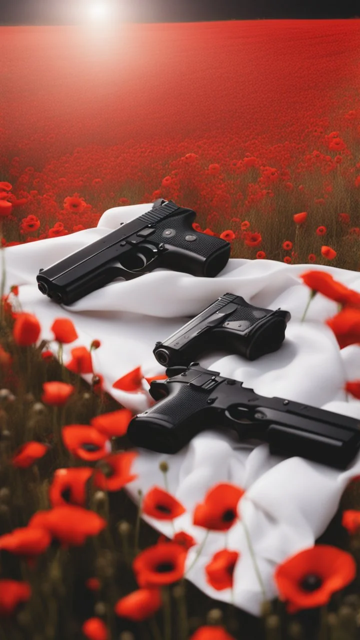 Two gold pistols and a red notebook on a white scarf. A field of red poppies. Close-up from above.cinematic.dark mood