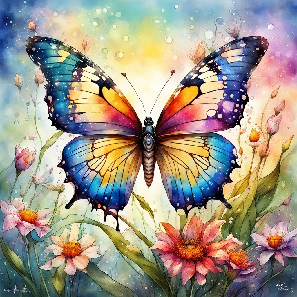 Digital watercolor illustration, beautiful colorful highly detailed butterfly, landing on a bloom of a beautiful dew filled flower, fantasyscape sunrise, by Waterhouse, Carne Griffiths, Minjae Lee, Os Gemeos, Stylized watercolor art, Intricate, Complex contrast, HDR, Sharp, soft Cinematic Volumetric lighting, deep vibrant lush luminous colors, perfect masterpiece