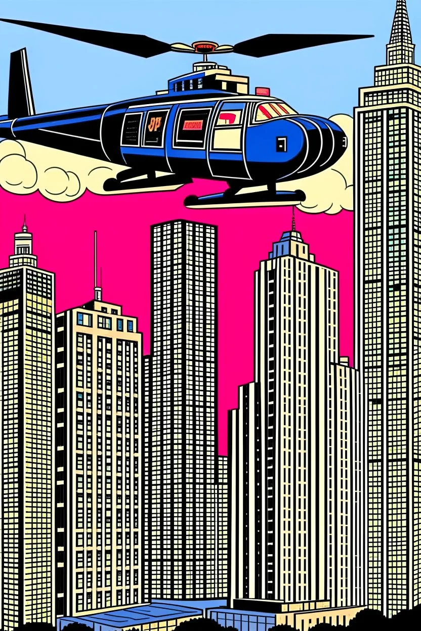 punisher sku;; city helicopter chasing car in the style of Hiroshi Nagai