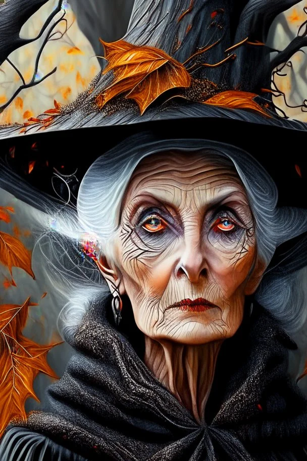 Old White-haired Witchery Witch in her pointed hat ready for the Coven in rusty autumn leaves and silver cobwebs. with burnished browns and abyss black.