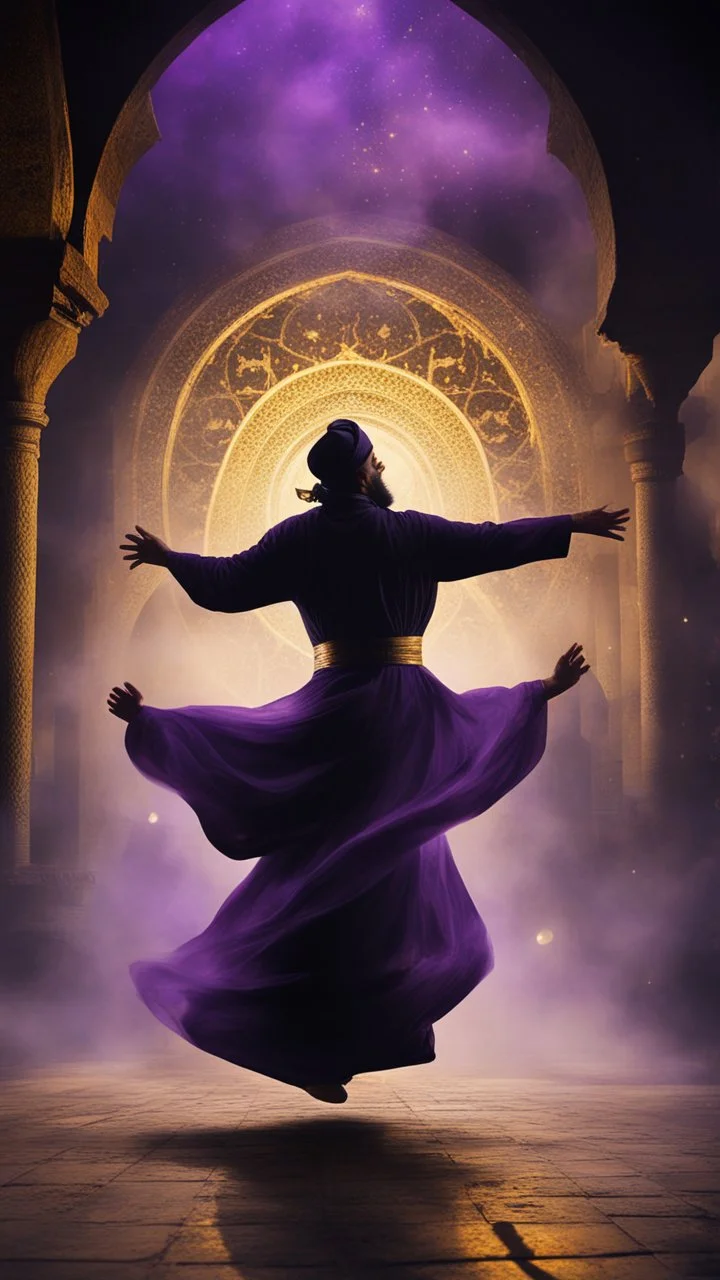 Hyper Realistic photographic-view of a Sufi Whirling with Golden & Purple Islamic Sufi Rustic Grungy-Black Background with thick-fog at dark-night outside an ancient Islamic architectural building with golden-sparkles-whirling showing dramatic & cinematic ambiance.