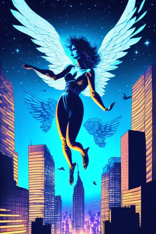 A flying angel over the tall buildings in a city at deep blue night.