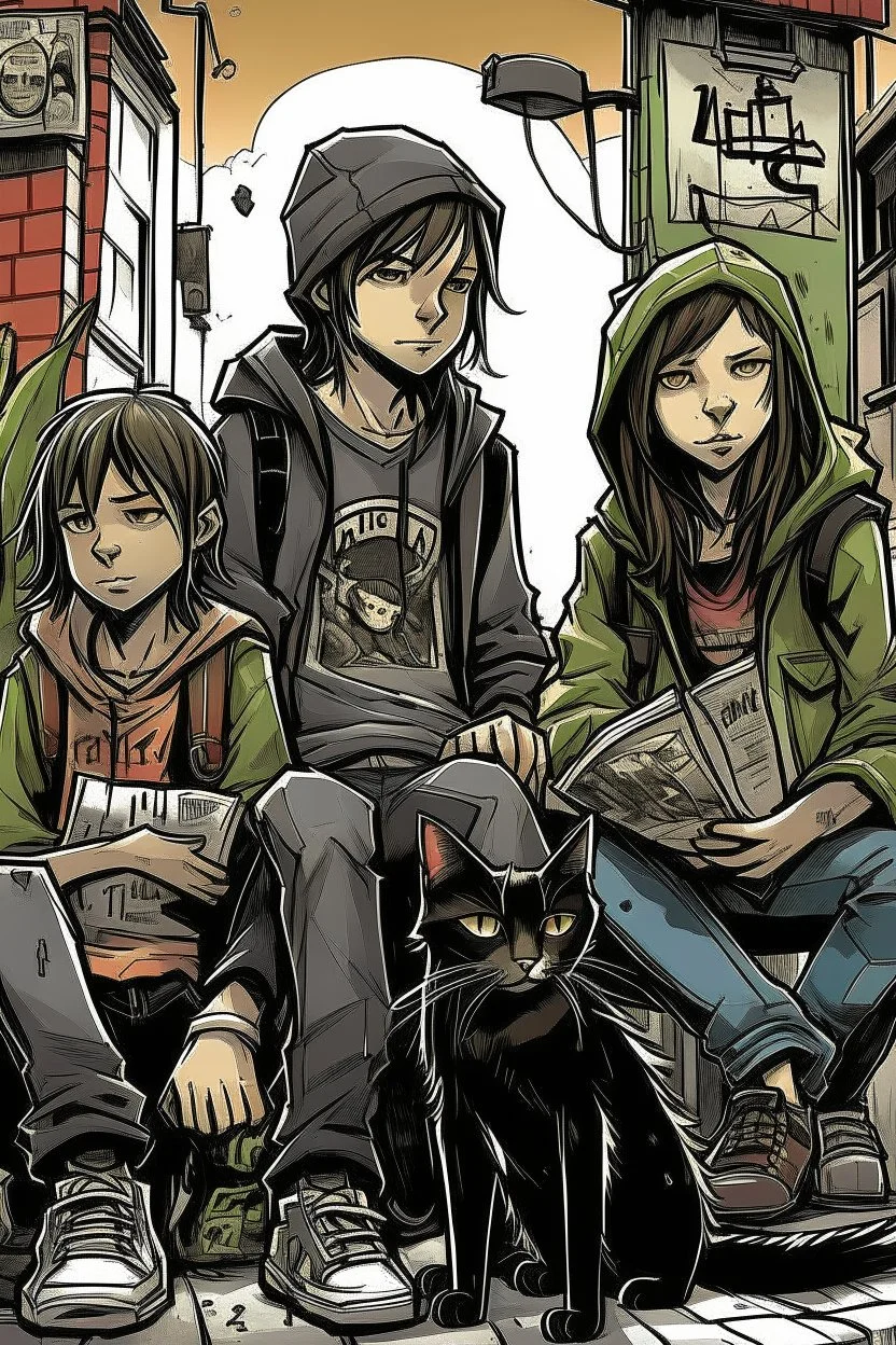 Act like a book cover designer. Use graffiti style. Three teenagers (13-15 years old) - two boys and a girl with a grimy black cat. Environment: old town.