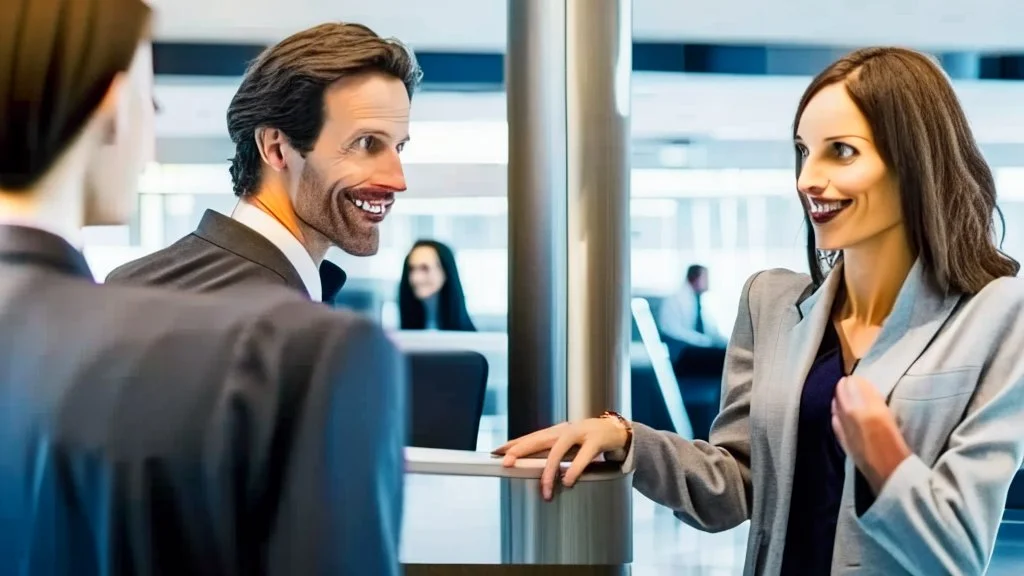 creepy man flirting with woman at entrance of airport lounge