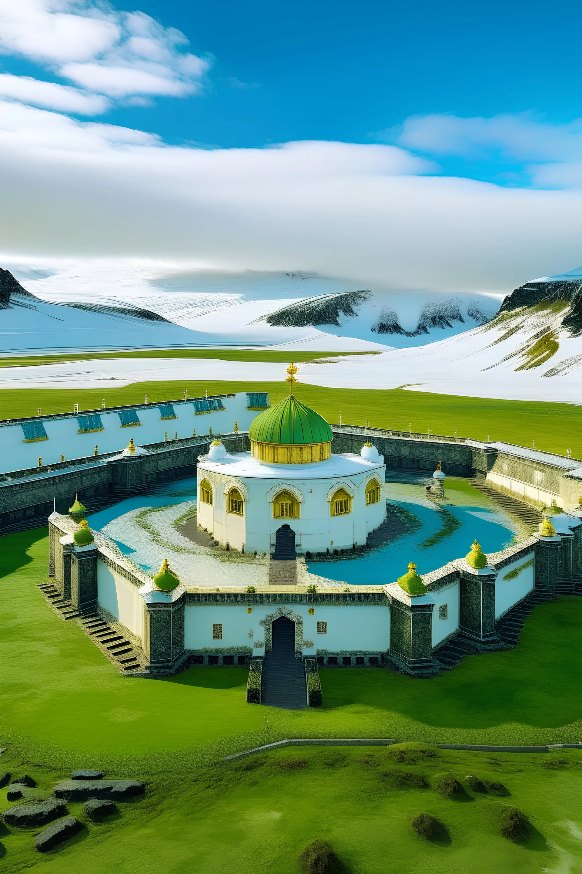 a medieval white palace with golden domes and a green courtyard on the top of a glacier in Iceland